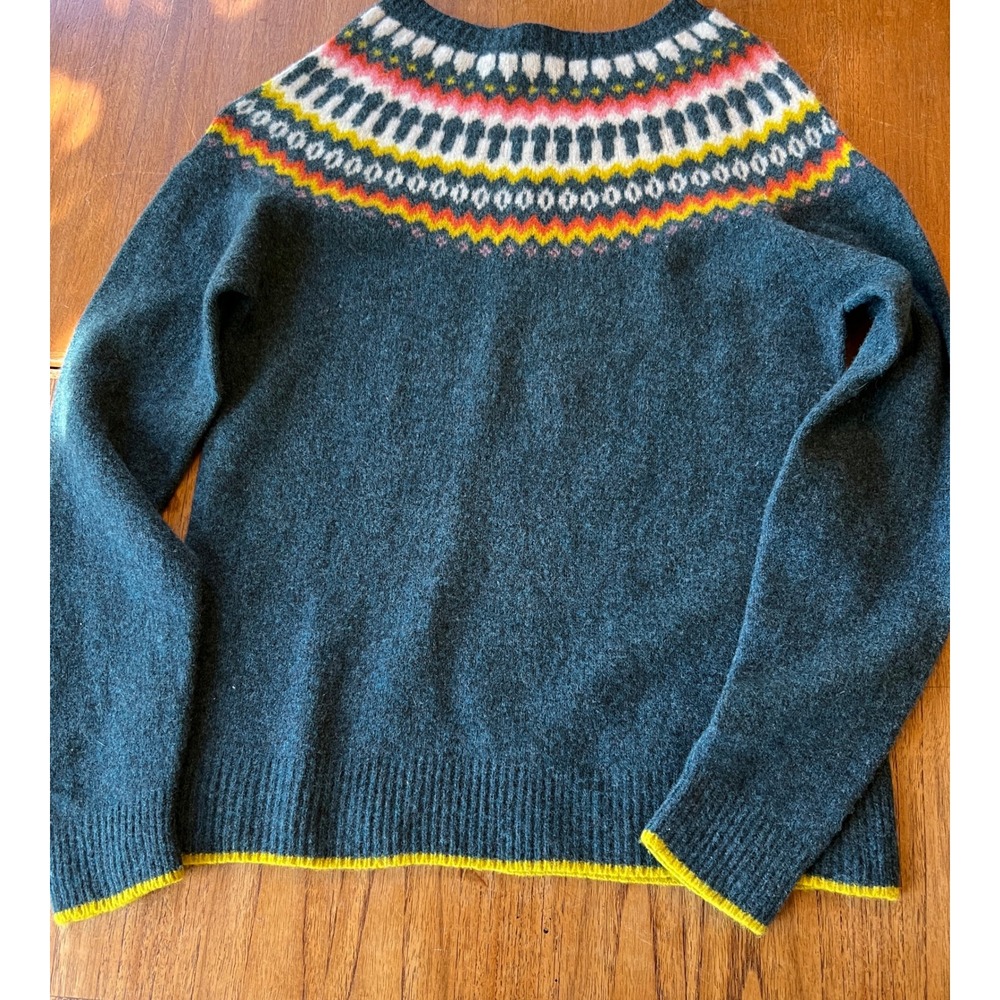 Brora Womens Fair Isle Sweater Teal Lambswool Knit Yoke Pullover Size 12-14